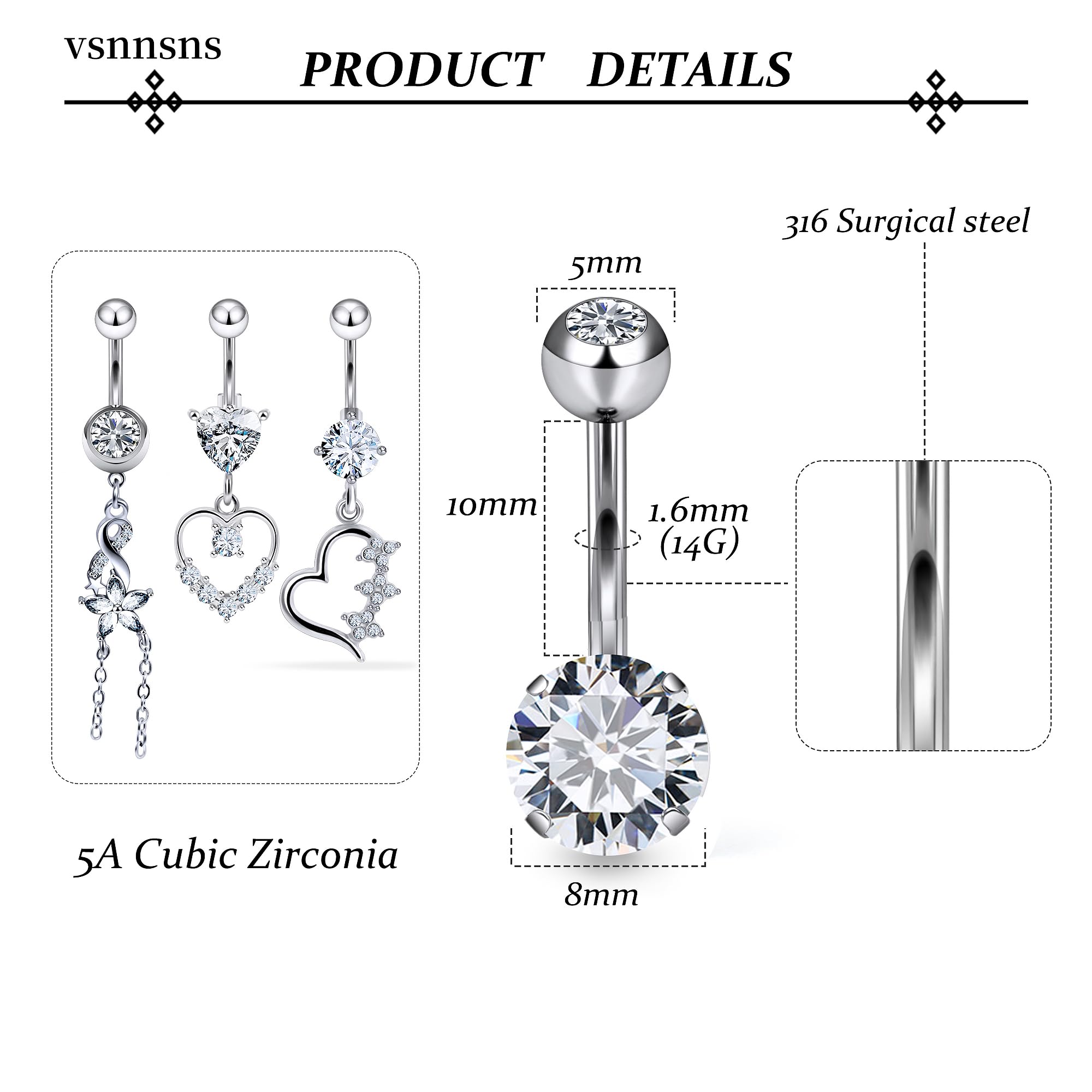 Vsnnsns 14G Dangle Belly Button Ring Piercing Jewelry 316L Stainless Surgical Steel Heart Flower CZ Reverse Navel Rings Dangling Belly Button Ring Piercing Jewelry for Women 14 Gauge Hypoallergenic