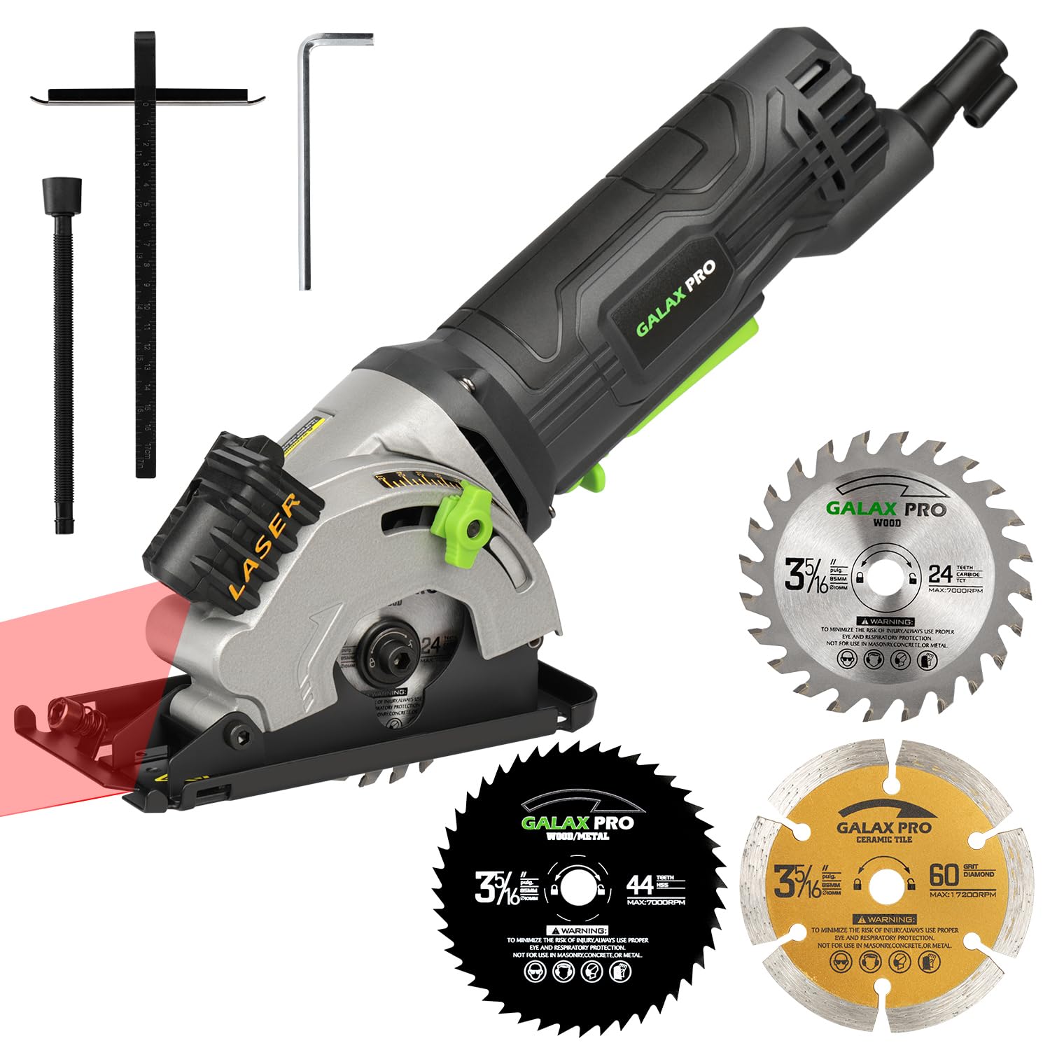 GALAX PRO Mini Circular Saw, 580W 3500 RPM Maximum Cutting Depth of 28.5mm, Three Pieces of 85mm Saw Blades, Equipped with Laser Guide Rails, Suitable for Wood, PVC and Other Materials