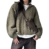 Oversized Chunky Cardigan Sweaters for Women Cable Knit Zipper Collar Warm Fall Cardigan Trendy