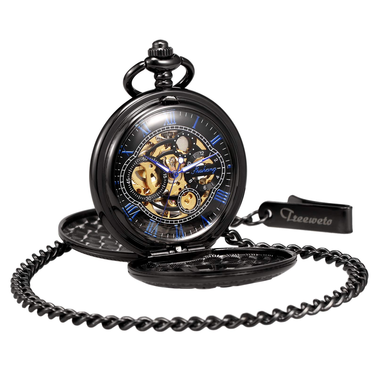 TREEWETO Pocket Watch Skeleton Hand-Wind Mechanical Double Case Roman Numerals Antique with Fob Chain Box