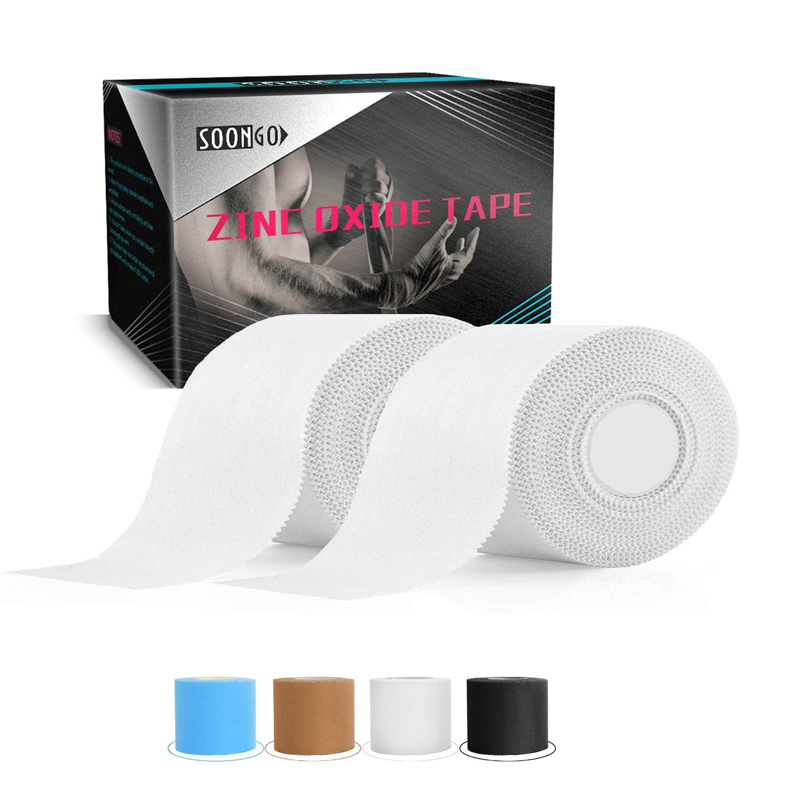 SOONGO Zinc Oxide Tape 5cm x 10m White 2 Rolls Sports Strapping Athletic Tape Inelastic Provide Maximum Support Fixed Joint Good Viscosity Hypoallergenic
