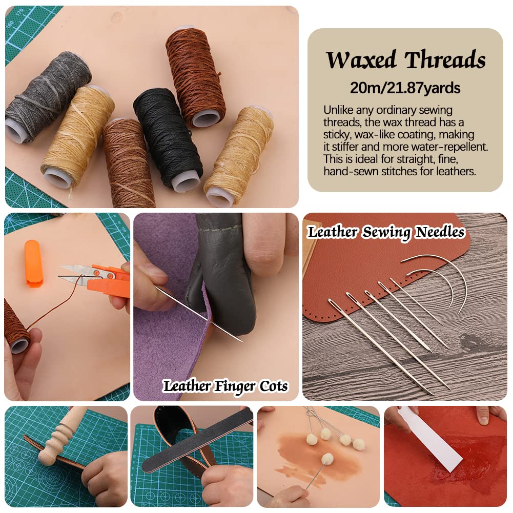 Leather Working Kit, Leather Tools, Working Tool Kits with Stamping Tools Storage Bag Cutting Mat Prong Punch Waxed Thread Stitching Groover for DIY Craft