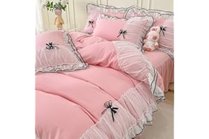 IHOUSTRIY Pink Duvet Cover Queen Size, Ruffle Beddding Set with Bowtie, 3 Pieces Comforter Cover Set with Zipper Closure, Girl Bedding with Pillowcase - Light Pink, Queen