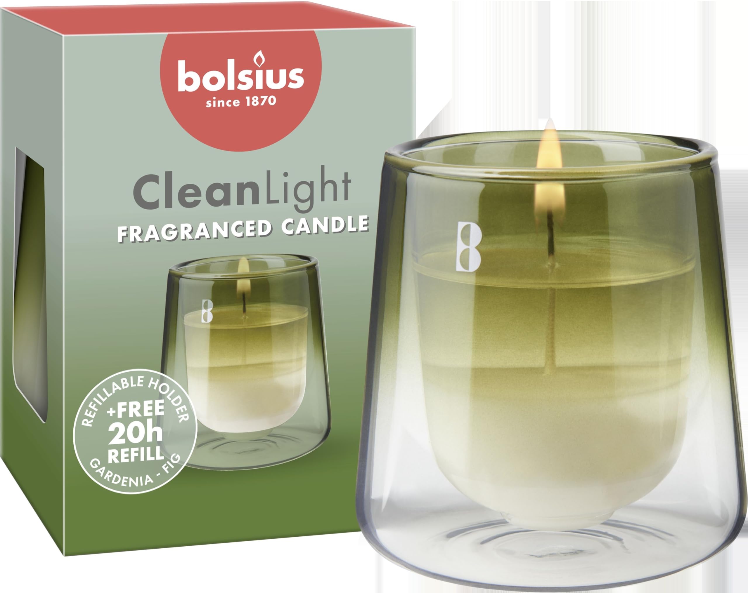 Bolsius - CleanLight Starter Set - Refillable Scented Candle - Glass Holder & Refill - Gardenia & Fig - Green - Long Burning Time of 20 Hours - Includes Natural Vegan Wax - No Palm Oil