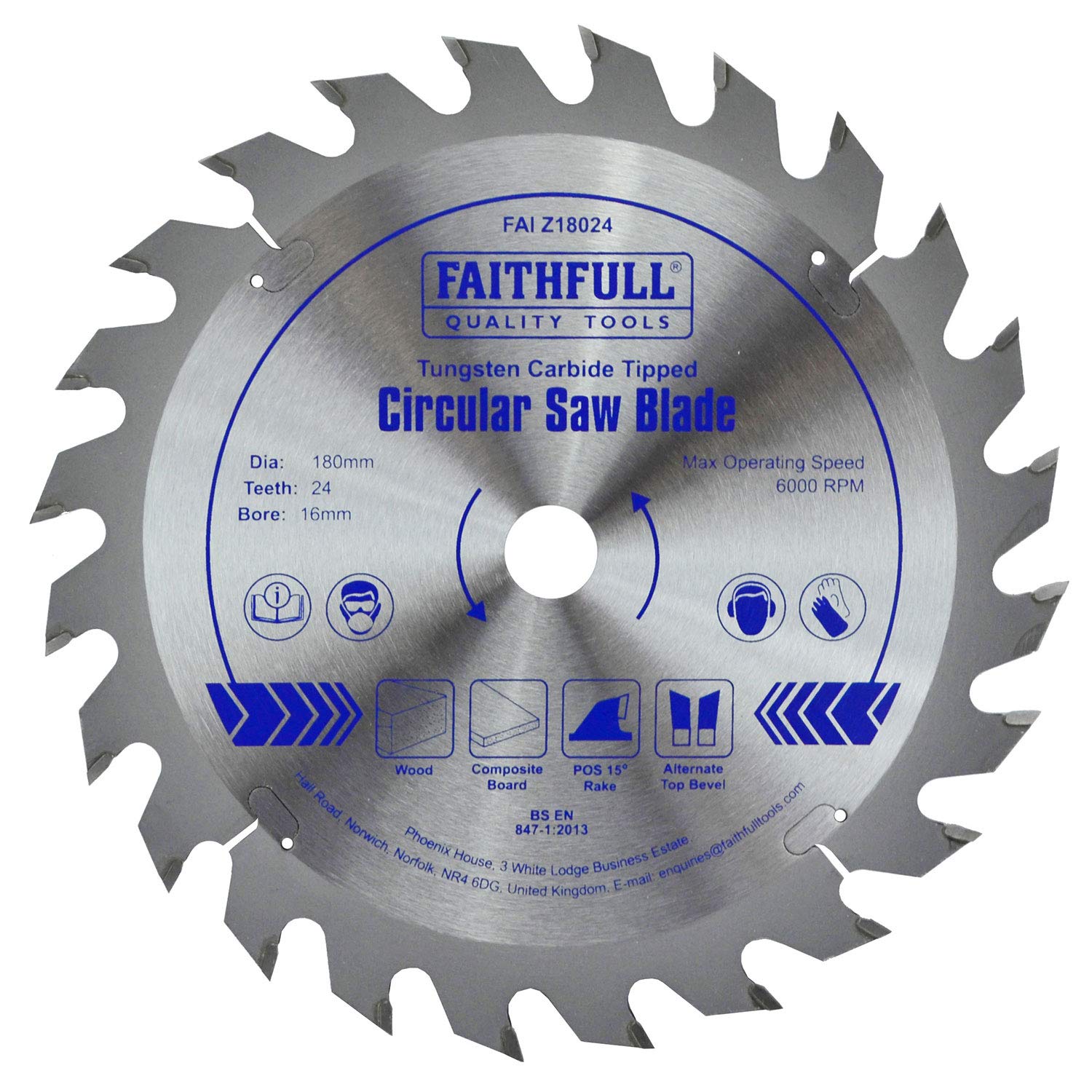 Faithfull FAIZ18024 TCT Circular Saw Blade 180 mm x 16 mm Bore x 24 Teeth