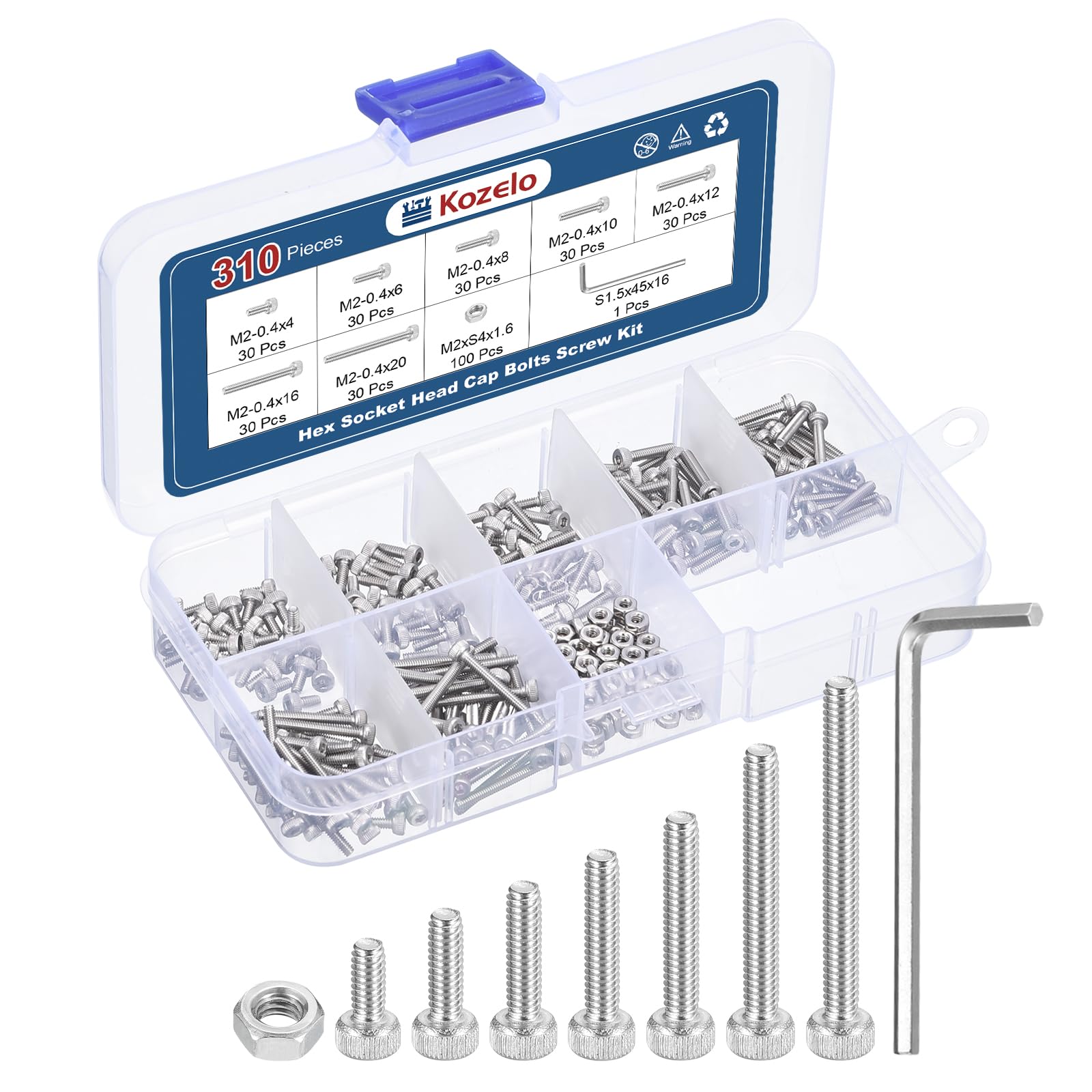 Kozelo 310pcs M2 Socket Head Cap Screws Bolts Nuts Assortment Kit - [M2x4/6/8/10/12/16/20mm] 304 Stainless Steel Allen Socket Drive for 3D Printer with Allen Wrench — image 1