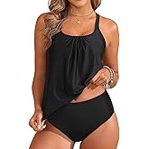 Tempt Me Blouson Two Piece Tankini Swimsuits for Women Tummy Control Bathing Suits with Bottoms Modest Loose Fit Swimwear