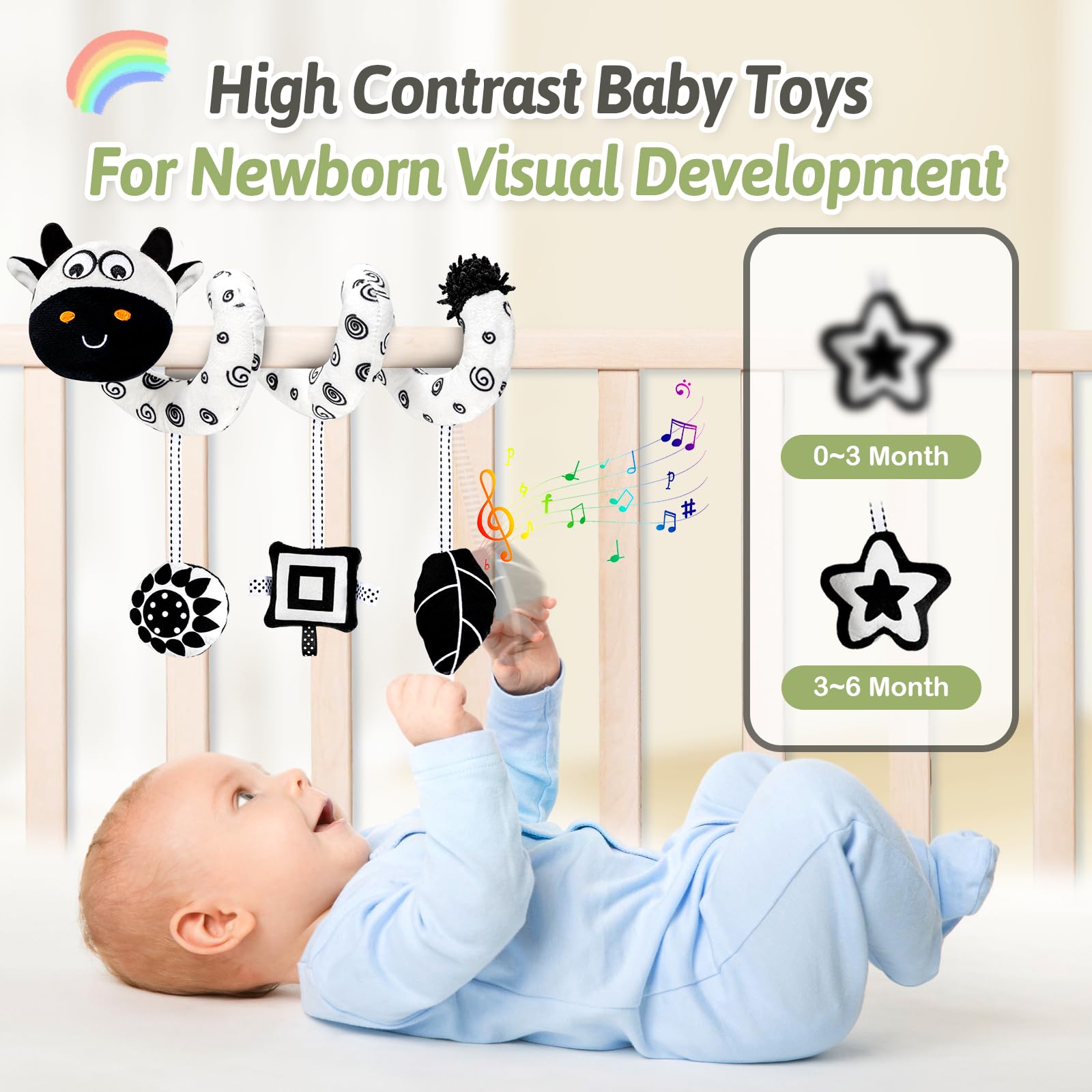 Car Seat Toys, Spiral Stroller and Carseat Hanging Toys for Babies 0-6 Months, Black and White High Contrast Baby Toys for Newborn 0-3 Months, Crib/Bassinetr Infant Toys (Cow)