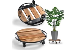 PRAQECZ 2 Pack Plant Stand with Wheels, 14" Rolling Plant Caddy 264 LB Heavy Duty, Iron and Wood Round Plant Dolly with Metal 360° Lockable Caster Wheels for Outdoor Indoor Large Plant Pots, Flower Pot, Patio