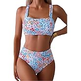 Tainehs High Waist Bathing Suit for Women Floral Print Wide Straps Swimsuit Two Piece Bikini Sets