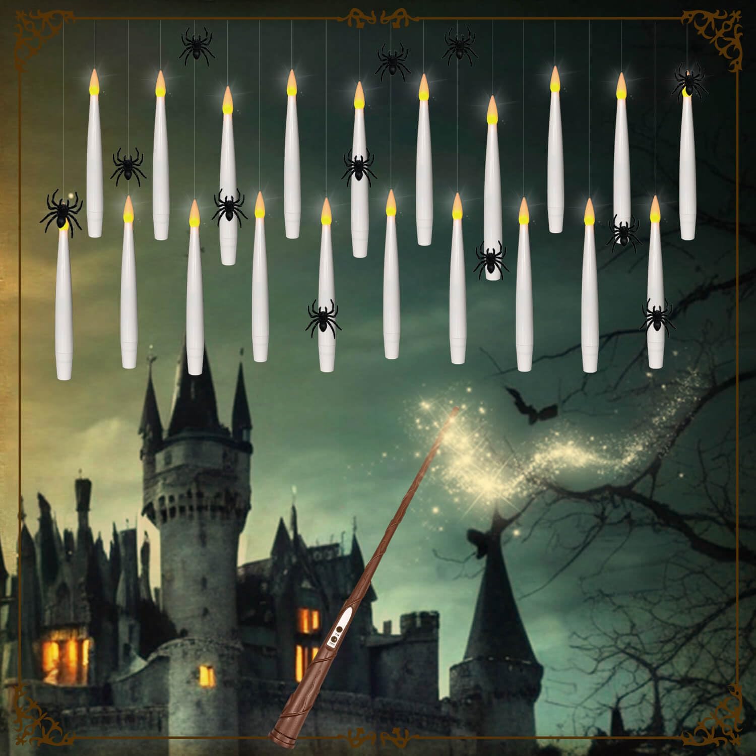 Photo 1 of Knoste 20pcs Floating Candles with Wand Remote & Realistic Halloween Plastic Spiders, Battery Operated Hanging Flameless Taper Candles, Flickering Warm Light, Party Decor, Birthday Gift