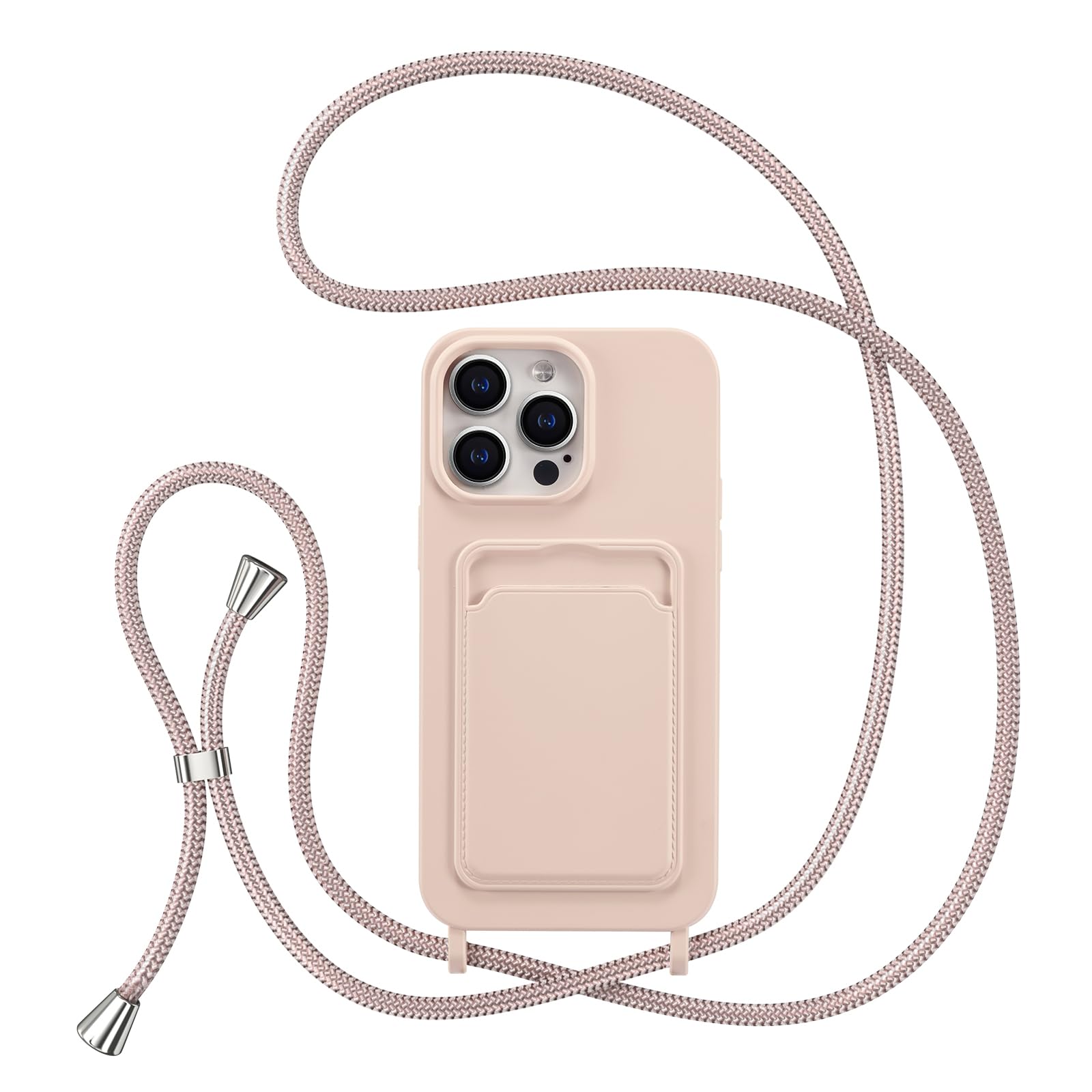 ZTOFERA Crossbody Lanyard Case for iPhone 13 Pro (6.1") with Card Holder, Soft Liquid Silicone Phone Case with Strap Adjustable Neck Cord Necklace Shockproof Protective Cover - Pink