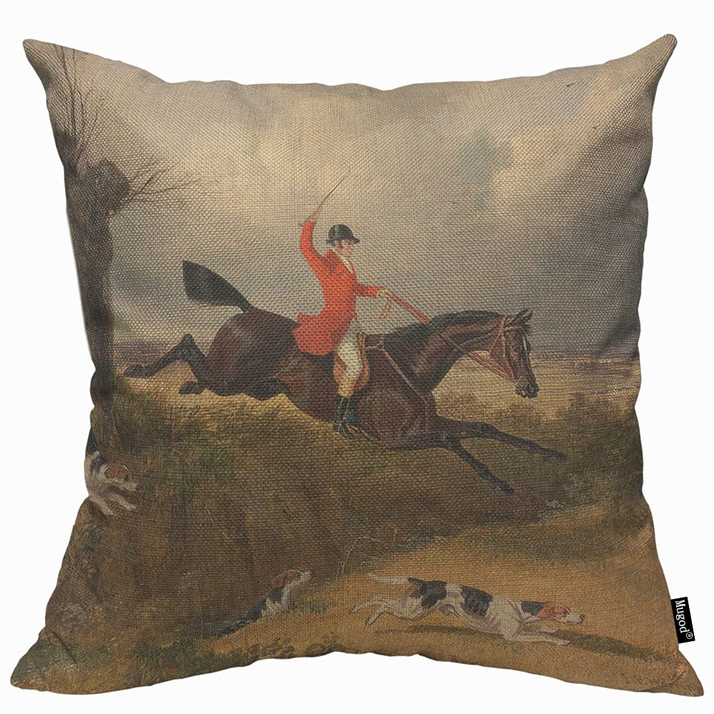 Mugod Fox Hunting Cushion Cover Throw Pillow Covers Gentlemen Hunter Running Dogs Horse Traditional Sport Pillow Case for Men Women Decorative Home Sofa Chair Couch 45x45cm/18x18 Inch