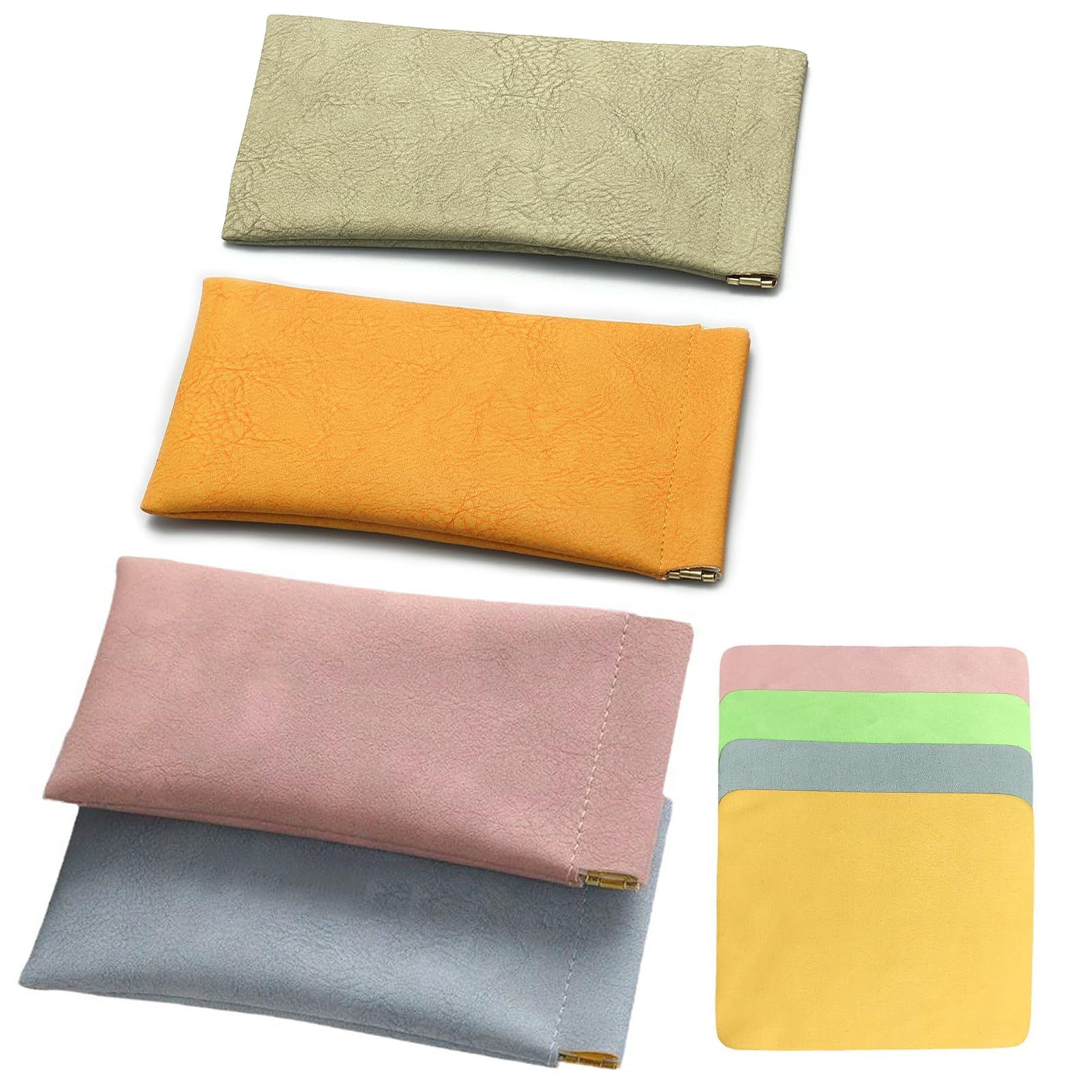 ReaJoys Glasses Case Soft, 4 Pack Leather Glasses Pouch Spectacle Cases Portable Squeeze Top Sunglasses Storage Bag with Cleaning Cloth for Women Men