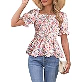 Womens Puff Short Sleeve Babydoll Tops Floral Summer Peplum Blouse Smocked Square Neck Loose Fit Ruffle Dressy Tee Shirts