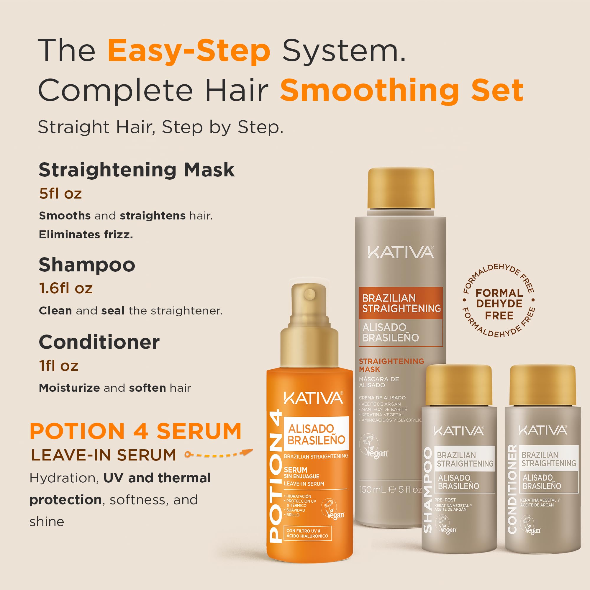 KATIVA Brazilian Keratin Treatment Kit with Potion 4 Thermo-Protective Serum – At-Home Formaldehyde-Free Straightening with Hyaluronic Acid – 12 Weeks Frizz Control for All Hair Types