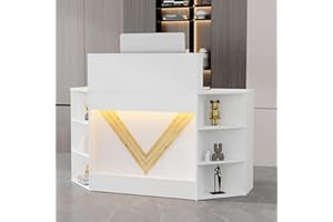 VOWNER 39.3" H Modern Reception Desk with LED Lighting, Office Counter with Display Cabinet, Secretary Desk with Power Outlets – Front Desk for Salon, Lobby (55.1" W x 21.2" D x 39.3" H) (White)