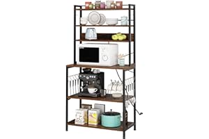 Karl home 6 Tier Bakers Rack for Kitchen, Coffee Bar Station with Power Outlet and Hooks, Microwave Stand with Storage, Metal Frame Kitchen Storage Cabinets, Kitchen Shelf, Rustic Brown