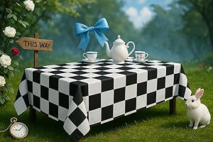 BRALEO Alice Party Decorations,Wonderland Theme Party Table Cover, Black and White PVC Tablecloth,Garden Tea Party Decoration Cloth Rectangula 55"X98"
