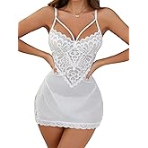 Donnalla White Babydoll Dress Set for Women Lace Bridal Lingerie Side Slit Nightgown Floral Slip Dress with G-String, Medium