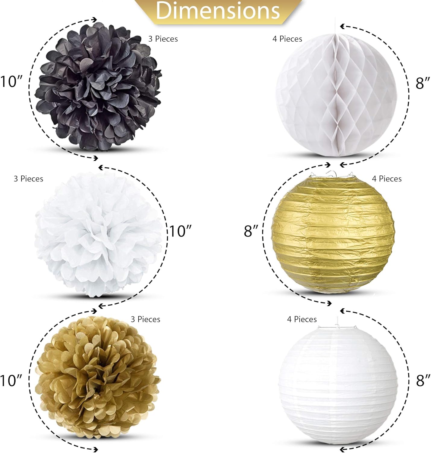 EpiqueOne 22-Piece Party Decoration Kit – Hanging Paper Lanterns, Honeycomb Balls and Tissue Paper Pom Poms for Special Occasions – Easy to Assemble – Colors: Black, Gold and White: Health & Personal Care