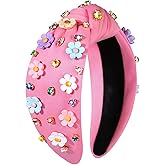 NVENF Flower Headbands for Women Spring Summer Floral Knotted Headbands Crystal Rhinestone White Pink Wide Top Knot Headband Beach Summer Hair Accessories Outfits Gifts (Flower B - Pink)