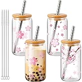 Zhehao 4 Pcs Glass Cups with Lid and Straw Cherry Cute Bubble Tea Cups 16oz Iced Coffee Mason Jar Kawaii Sakura Tea Tumbler Reusable for Christmas Women Birthday Graduation Gift