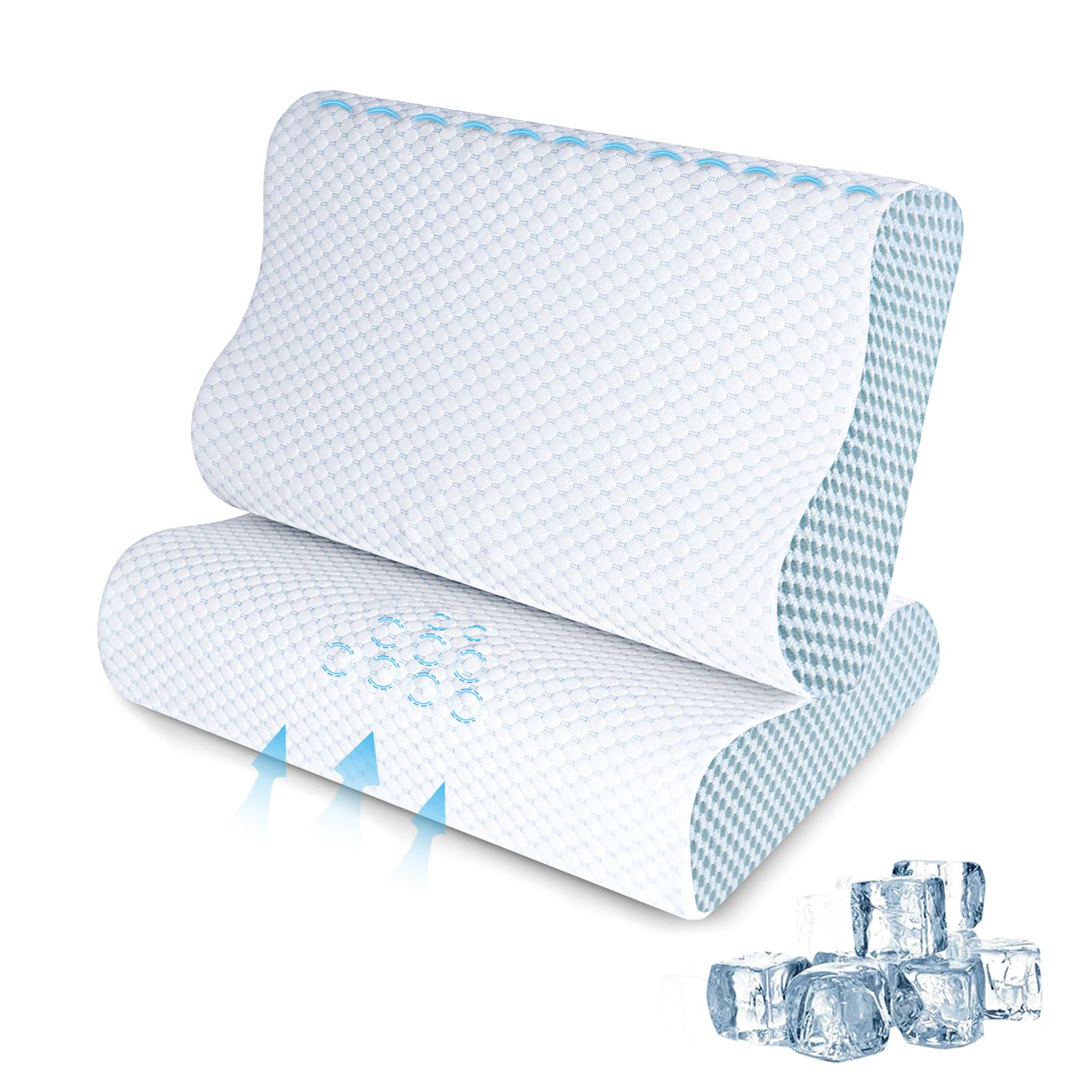 Photo 1 of 2 Pack Memory Foam Cooling Bed Pillows for Sleeping, Ergonomic Cervical Pillow for Neck and Shoulder Pain Relief, Adjustable Cold Pillow Set of 2,with Pillowcase?Blue?