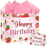 Quirkistry Strawberry Birthday Gift Bag for Girls Kids Red Pink Berry Birthday Gifts Bag with Wrapping Paper Greeting Card Cute Fruit Themed Decorations for Baby Shower Party Favors Supplies