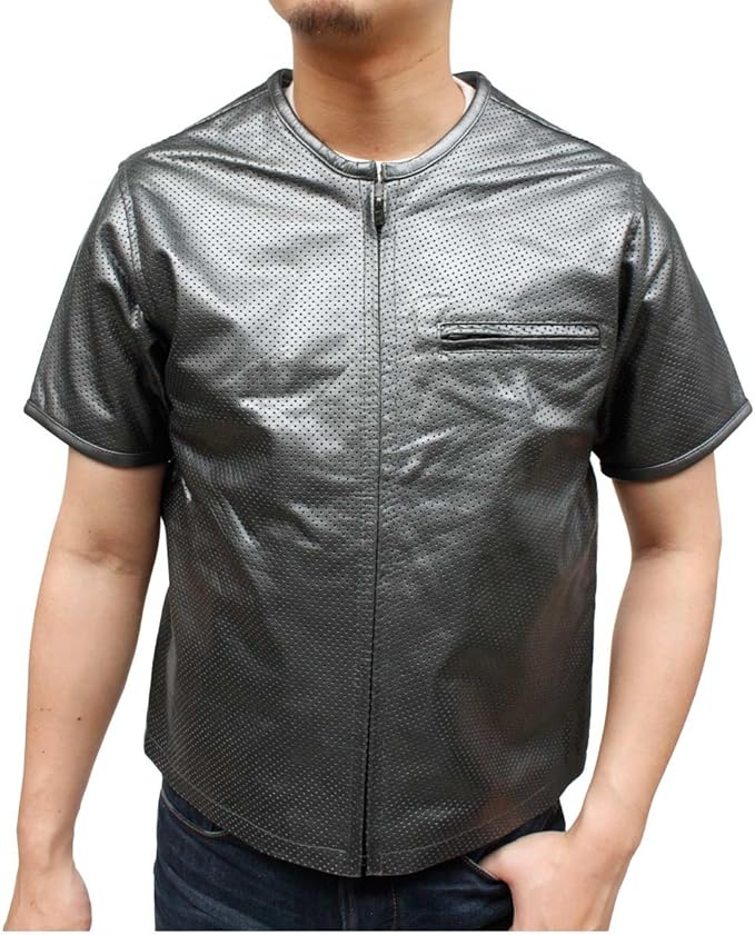 Amazon Co Jp メンズ レザーシャツ バッファロー革 半袖タイプ パンチング加工 革シャツ レザージャケット 3698 服 ファッション小物