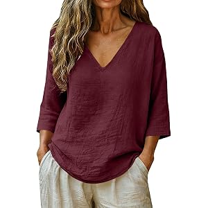 Women's Summer Tops 3/4 Sleeve V Neck Cotton Linen Shirts Dressy Casual Gauze Beach Vacation Clothes
