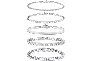RANKEEF 5PC Chain Bracelet for Men - Stainless Steel Figaro Rope Cuban Link Set 7.5/8.3/9 Inches Mens Silver Bracelet- Gifts for Dad, Husband, Boyfriend