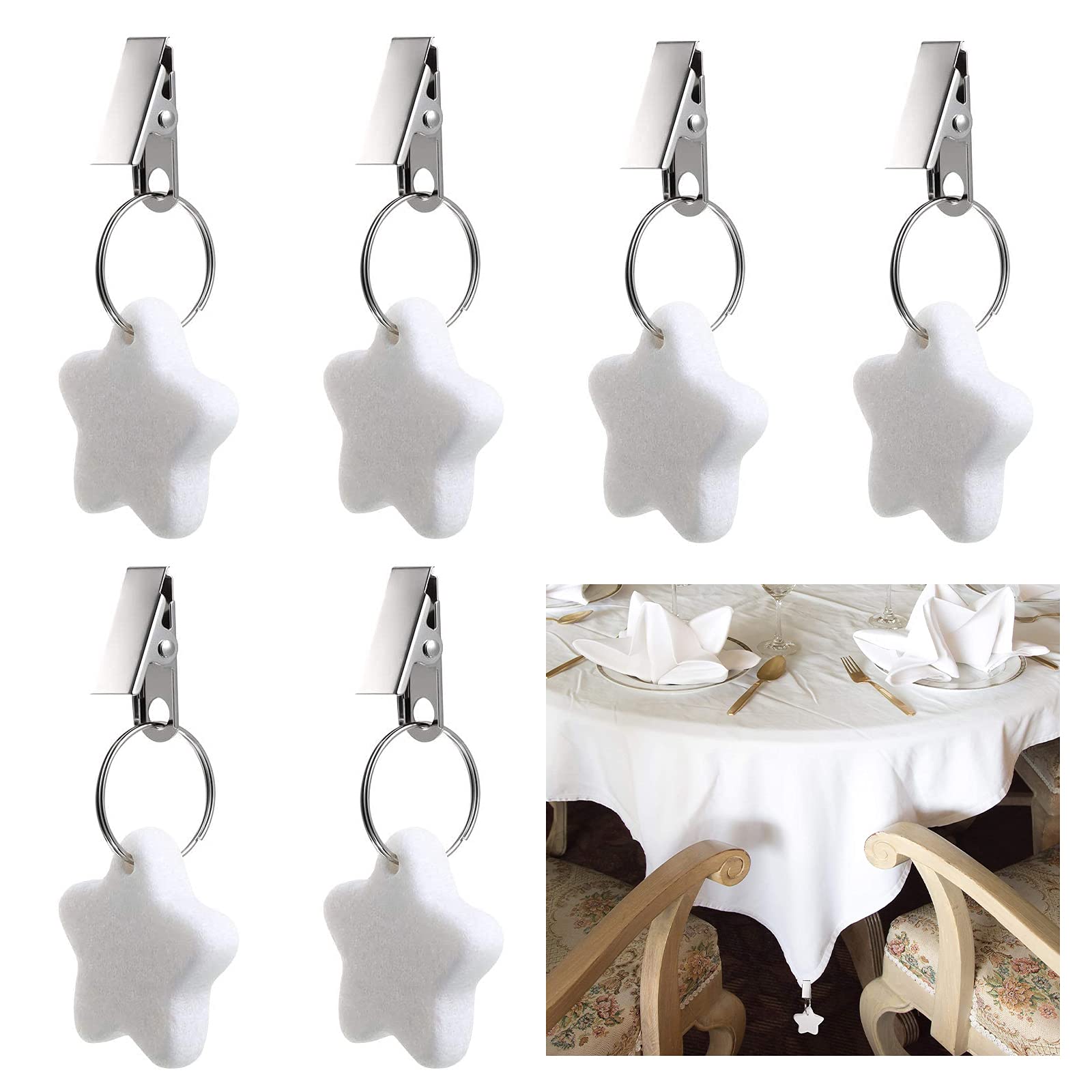 MOROBOR Tablecloth Weights Clips, 6pcs Tablecloth Weights Five-pointed Star Shape Stone Table Cloth Weights Metal Clip for Outdoor Picnic Family Dinner Table Decoration (White)