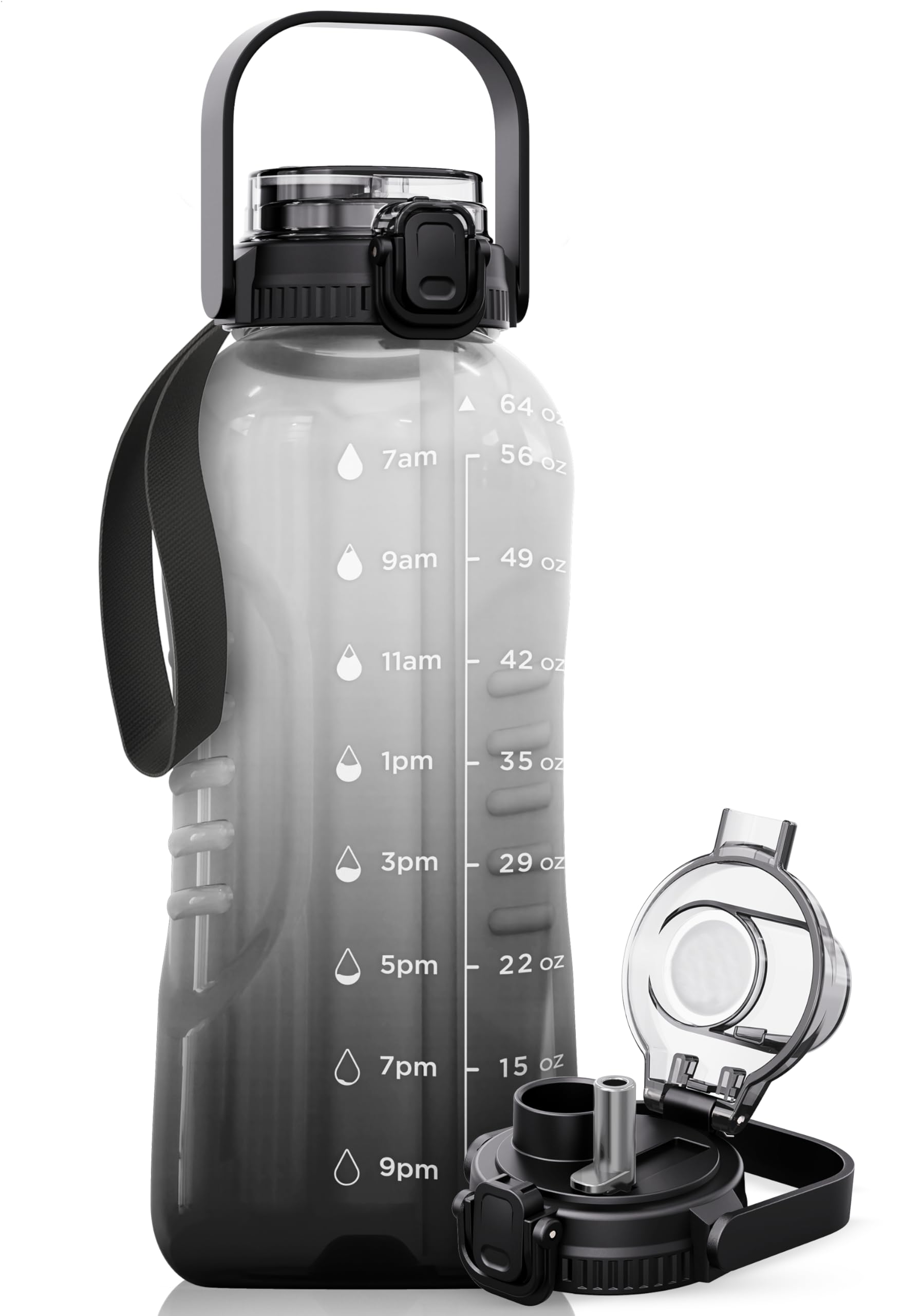 Photo 1 of AQUAFIT 64 oz Water Bottle with Time Marker - 2in1 Straw & Chug Lid - BPA Free Big Water Bottle with Straw - Gym Water Bottle with Strap - Water Jug (64 Ounces, Midnight Gray)