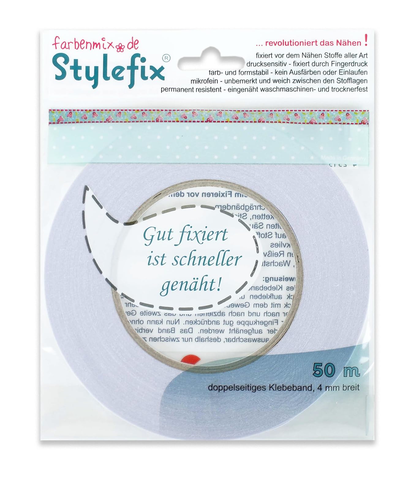 Farbenmix Stylefix Double-Sided Sticky Fabric Tape, 50 m x 4 mm (Assorted Color)