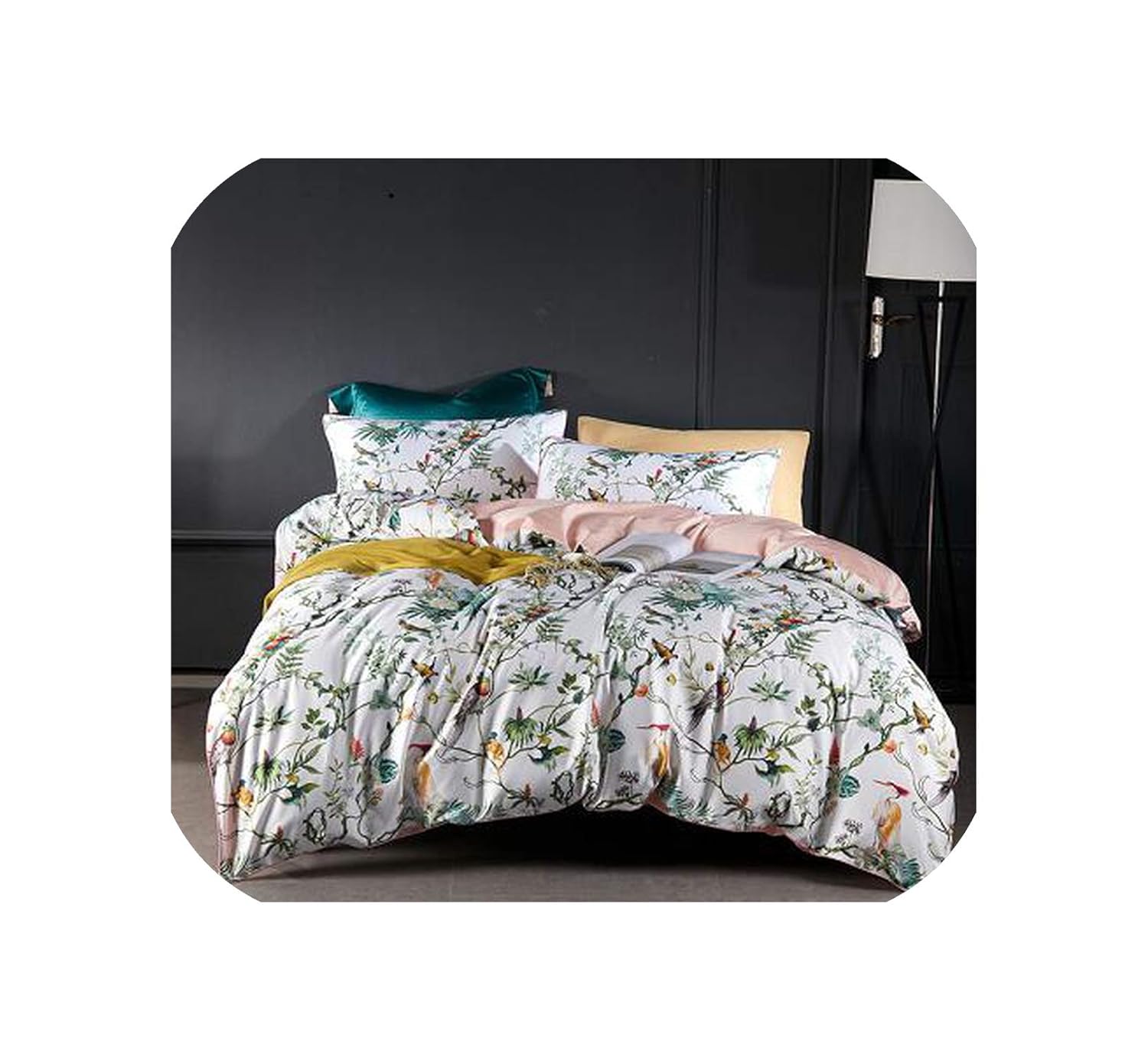 Silky Egyptian Cotton Yellow Chinoiserie Style Birds Flowers Duvet Cover Bed Sheet Fitted Sheet Set King Size Queen Bedding Set,Bedding Set 9,Queen Size 4pcs,Fitted Sheet Style