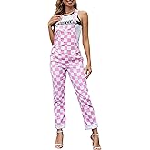 Odefou Checkered Pants Womens Overalls Fashion Bib Coveralls Cute Stretch Jeans Jumpsuit