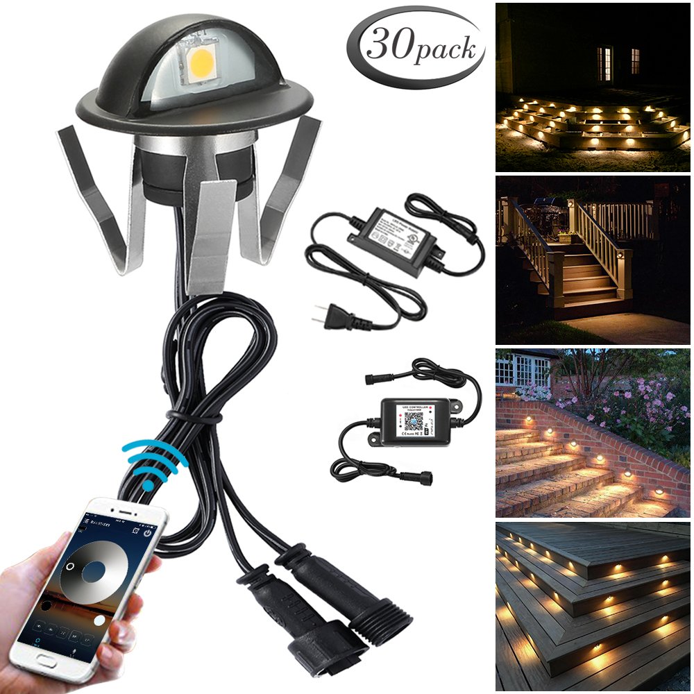 WiFi Deck Lights, FVTLED WiFi Controlled 30pcs Low Voltage LED Deck Lights Kit Φ1.38" Outdoor Recessed Step Stair Warm White LED Lighting Work with Alexa Google Home, Black