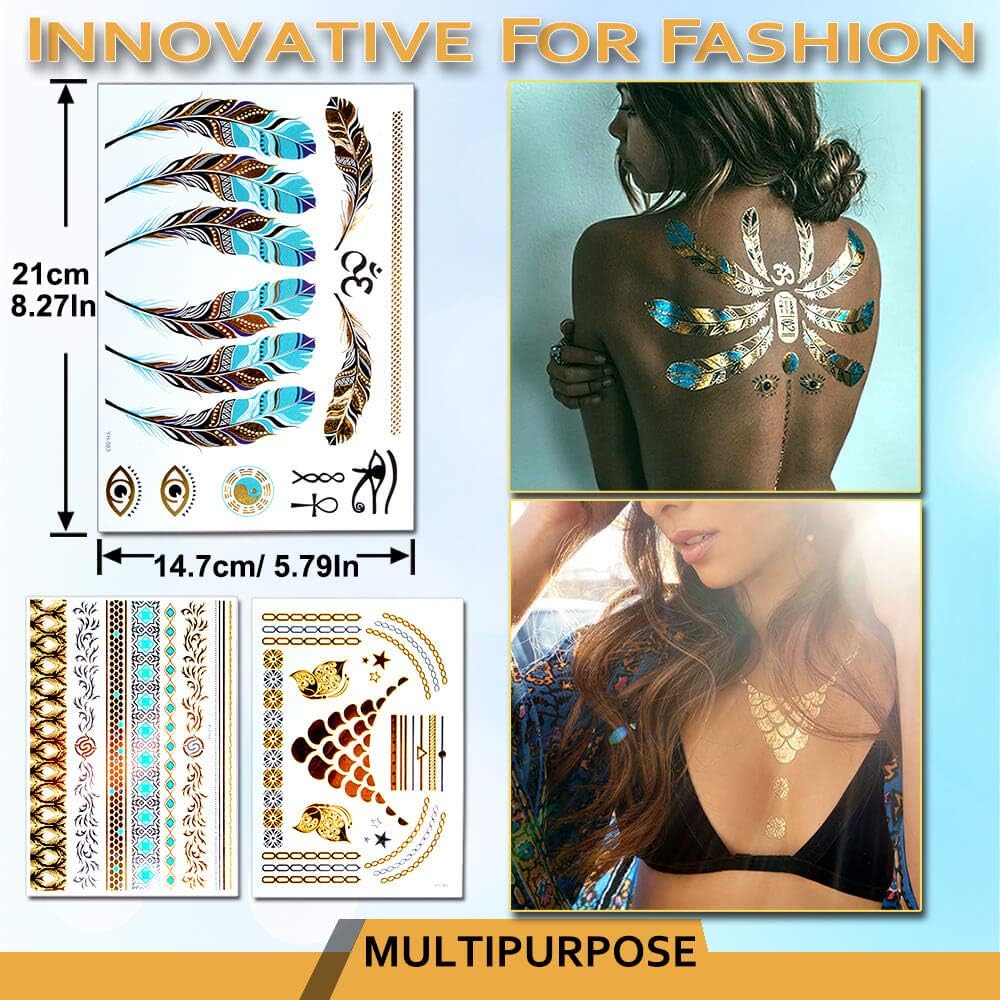 AniSqui Gold Tattoos for Women (12 Sheets Waterproof Festival), Temporary Fake Tattoos for Girls, 12 Count (Pack of 1) - Image 3