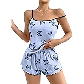Ekouaer Womens Cami Pajama Sets 2 Piece Cute Print Pjs Soft Tank Top & Elastic Waist Shorts Camisole Lounge Set