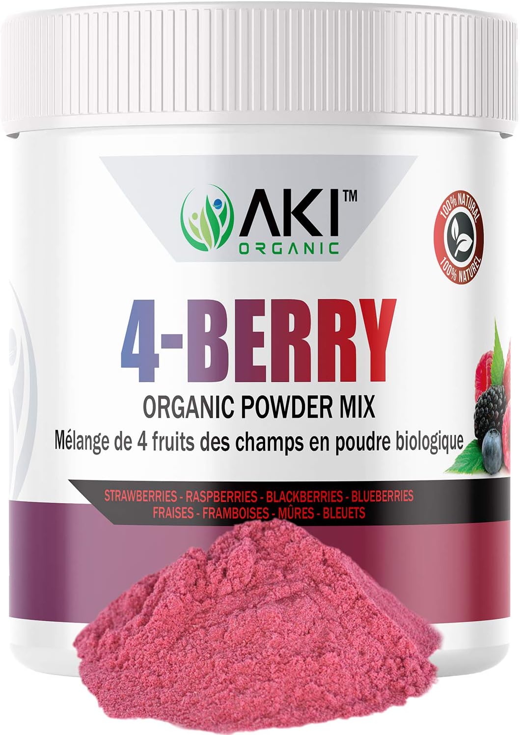 Aki Organic 4-Berry Blend Blueberry Raspberry Strawberry BlackBerry Powder Superfood Rich in Antioxidant Extract Sugar Free Smoothie, Receipe A Sprinkle of Color 5.29 Oz/150Gr