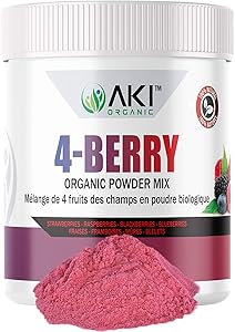 Aki Organic 4-Berry Blend Blueberry Raspberry Strawberry BlackBerry Powder Superfood Rich in Antioxidant Extract Sugar Free Smoothie, Receipe A Sprinkle of Color 5.29 Oz/150Gr