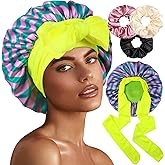 1+3 Large Satin Bonnets with Scrunchies for Women, Double Layer Hair Bonnet Tie Bonnet for Sleeping Braids Curly Hair