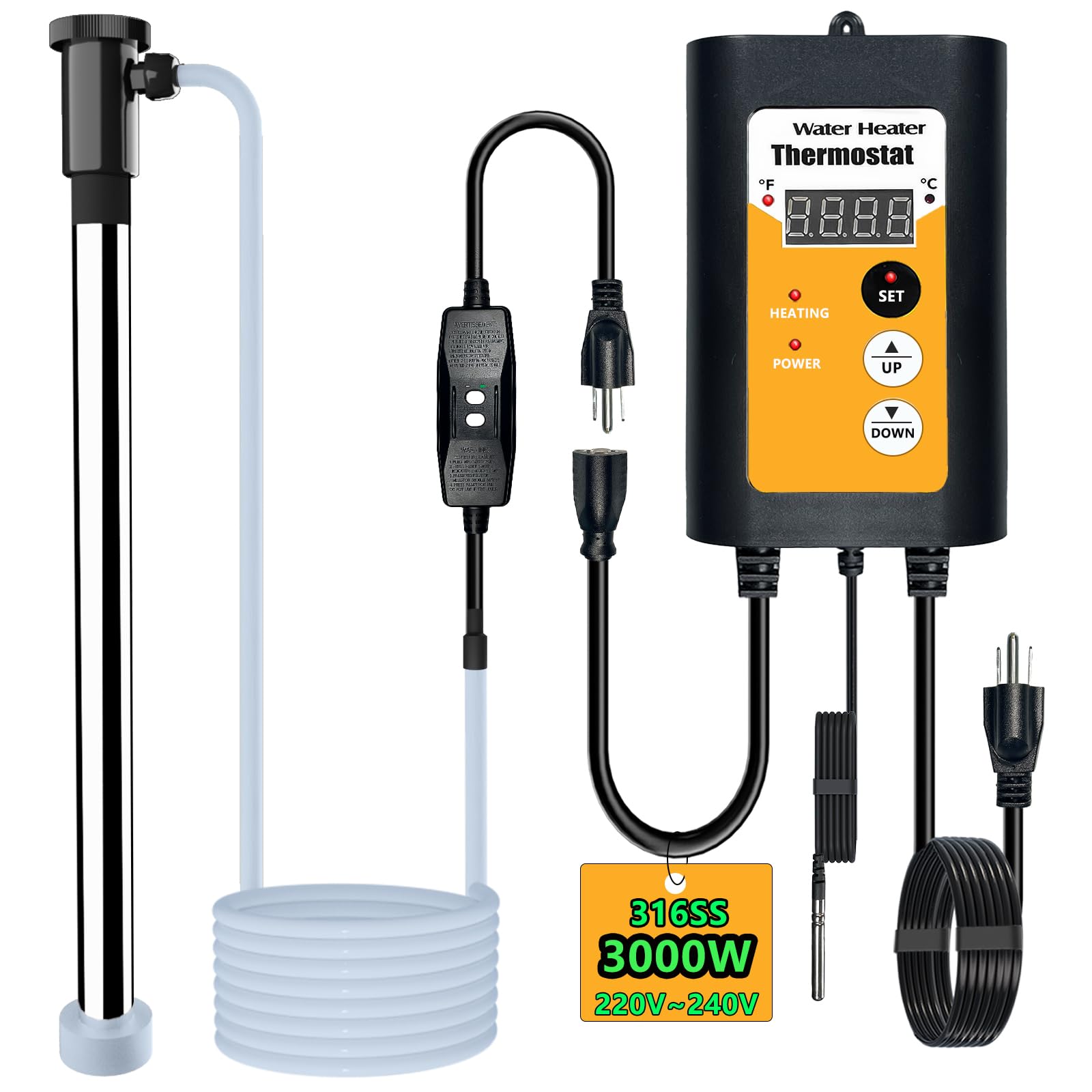 Photo 1 of 240V 3000W Portable Fully Submersible Electric Pool and Hot Tub Immersion Water Heater with Gfci Plug, Thermostat for Bathtub, Baptistry, Baptismal, Inflatable, Swimming Above Ground Pools