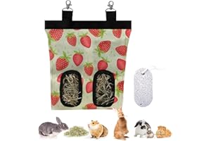 YOLAGGOY Small Animal Hay Feeder, 2 Holes Hanging Rabbit Hay Feeder Bag for Rabbit Small Animal Chinchilla with 1 Grind Teeth Stone(Strawberry)
