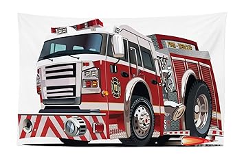 Lunarable Fire Truck Tapestry Realistic Illustration Big Truck Fire Rescue Department Transportation Fabric Wall Hanging Decor For Bedroom Living