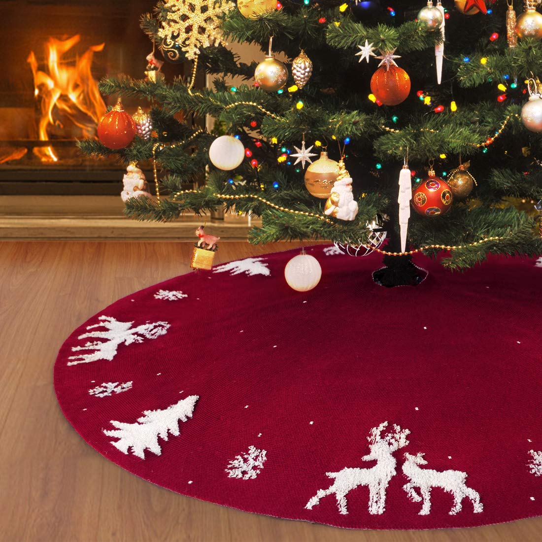 LOMOHOO XMAS Tree Skirt 48 inches Knitted Christmas Tree Skirt,3D Elk Xmas Tree Base Cover Mat,Rustic Red Tree Skirt for Christmas Decorations Indoor Outdoor Holiday Party Supplies (Red) — image 1