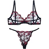 FEOYA Sexy Lingerie for Women Matching Lace Bra and Panty Sets Embroidered Mesh Push Up Bralette Thong Underwear Two Piece