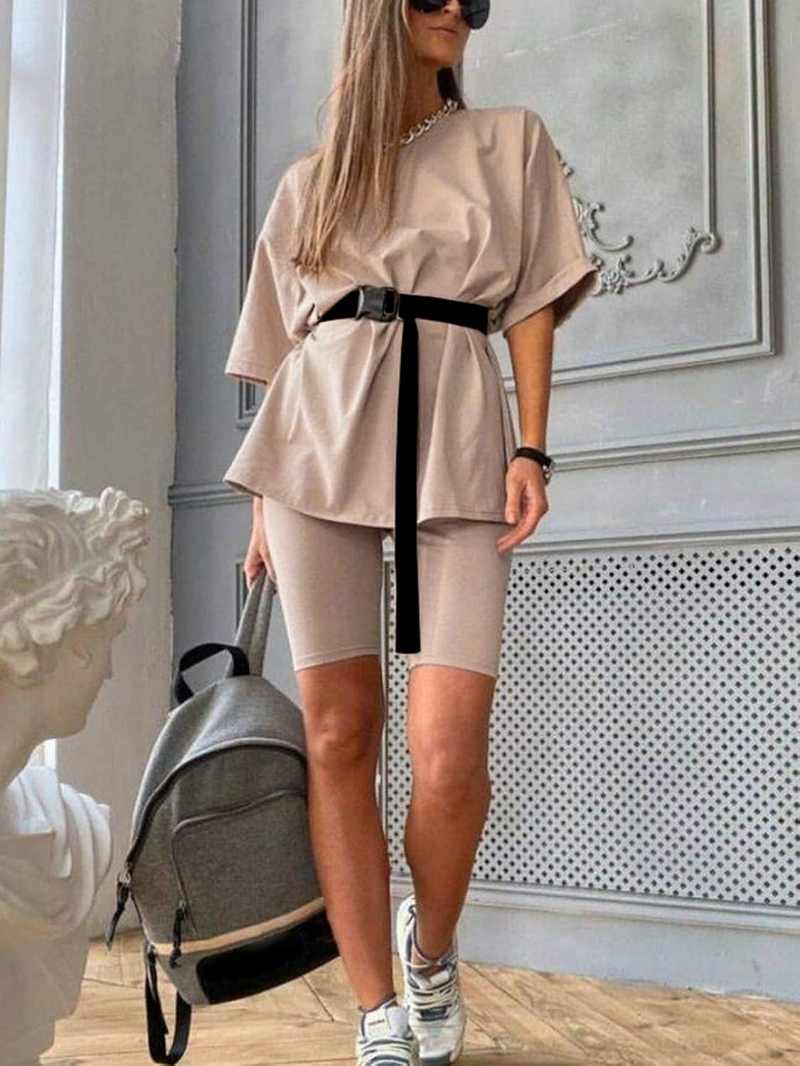Glamaker Women 2 Piece Outfit Sets Casual Oversized T-Shirt Tops Biker Shorts Workout Sport s Tracksuit: Clothing