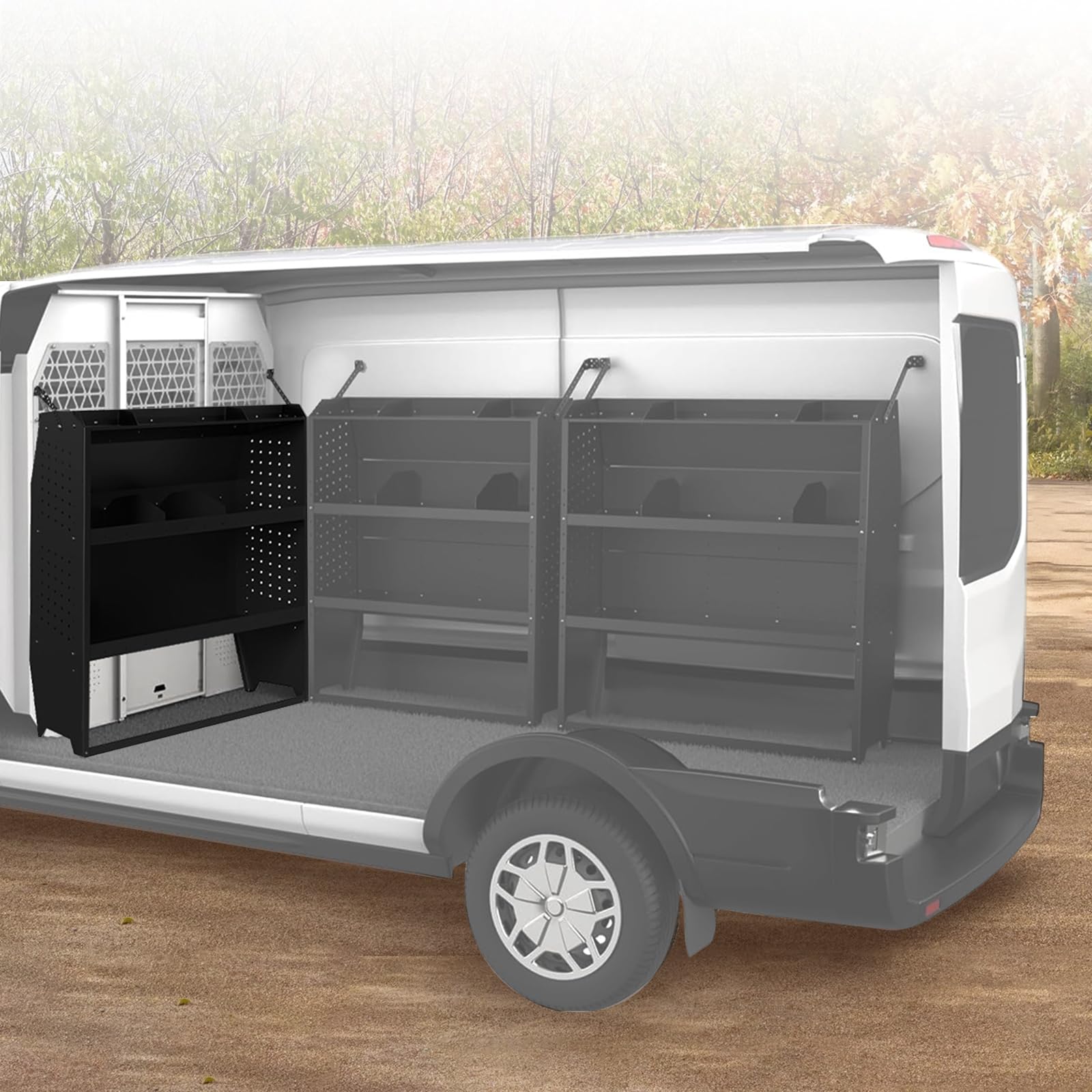 Photo 1 of EONECROSS Black Steel Cargo Van Shelving Storage System Adjustable Height Fit for Ford Transit Connect 2014+, Ram Promaster City, Chevy City Express, Nissan NV200 42" W x 43" H x 13" D